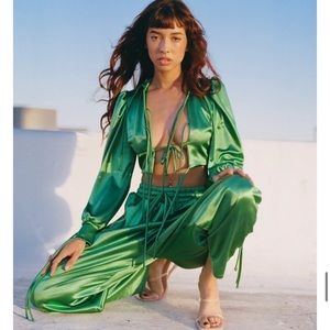 Laina Rauma Small green satin Club Bed pants trousers drawstring pockets Kelly